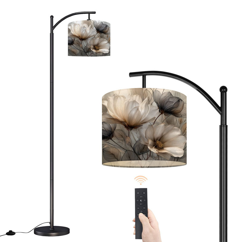 Lampe sur pied à arc avec abat-jour réglable éthéré noir blanc floral gris doux sur pied à 3 températures de couleur à intensité variable pour poteau avec interrupteur au pied pour la chambre à coucher