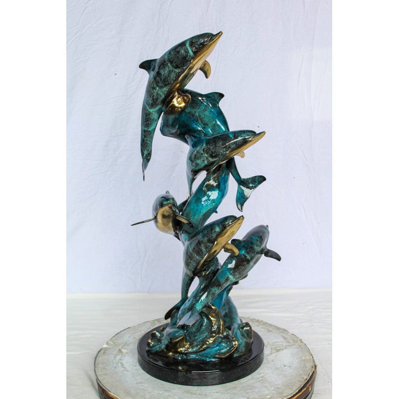 Sculpture nifao en forme de dauphin en bronze - formation de dauphins en spirale avec patine bleu-vert et accents de bronze poli - statue de vie marine en fonte de cire perdue fabriquée à la main sur base 14 po x 16 po x H 35 po