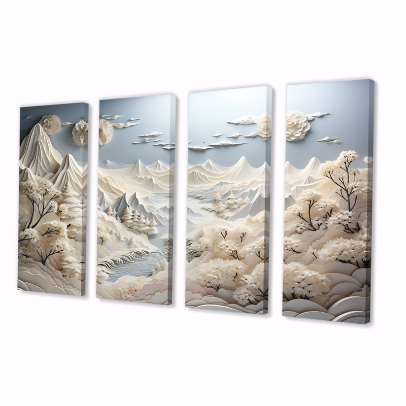 Abstrait Snowy Winter Mountains II - Abstract Landscape 4 pièces, art mural pour le salon, H 32 po x l 64 po