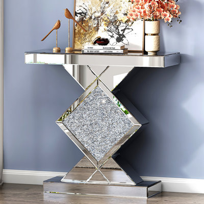 Amla 31.5" Mirrored Console Table With Glass Top Sofa Table