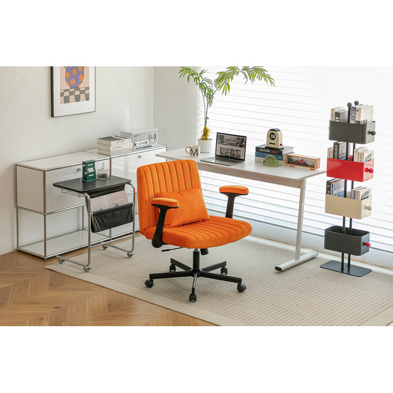 Fauteuil de bureau orange en velours orange avec accoudoirs croisés - élégant, confortable et ergonomique pour le bureau à domicile, les jeux et le maquillage