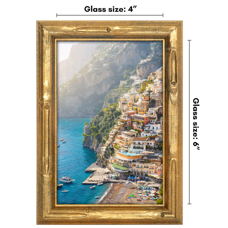 Picture Frame - Gold Bamboo Frame With Faux Bamboo Design - Easel Stand And Shatter Resistant Glass, 4" W x 6" H