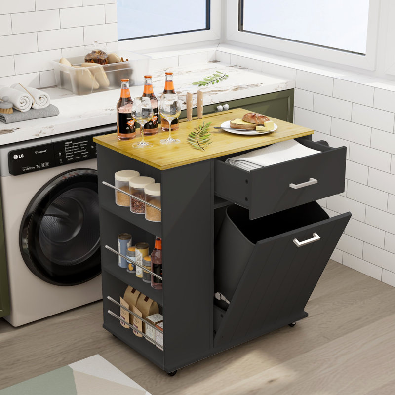 Îlot de cuisine roulant avec armoire à poubelle coulissante, chariot de rangement sur roulettes avec support à épices à 3 niveaux, comptoir en bambou à 1 tiroir, pour les petits espaces