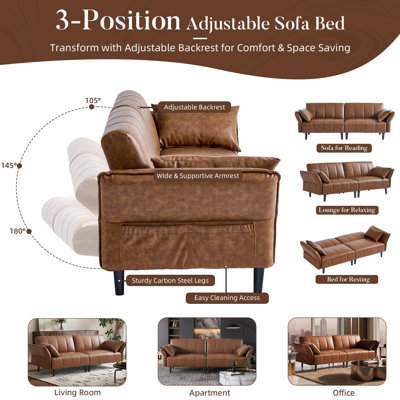 76.4'' Faux Leather Convertible Sofa, Mid Century Modern Leather Futon Sofa Bed With Adjustable Backrest Armrest & Storage Pocket