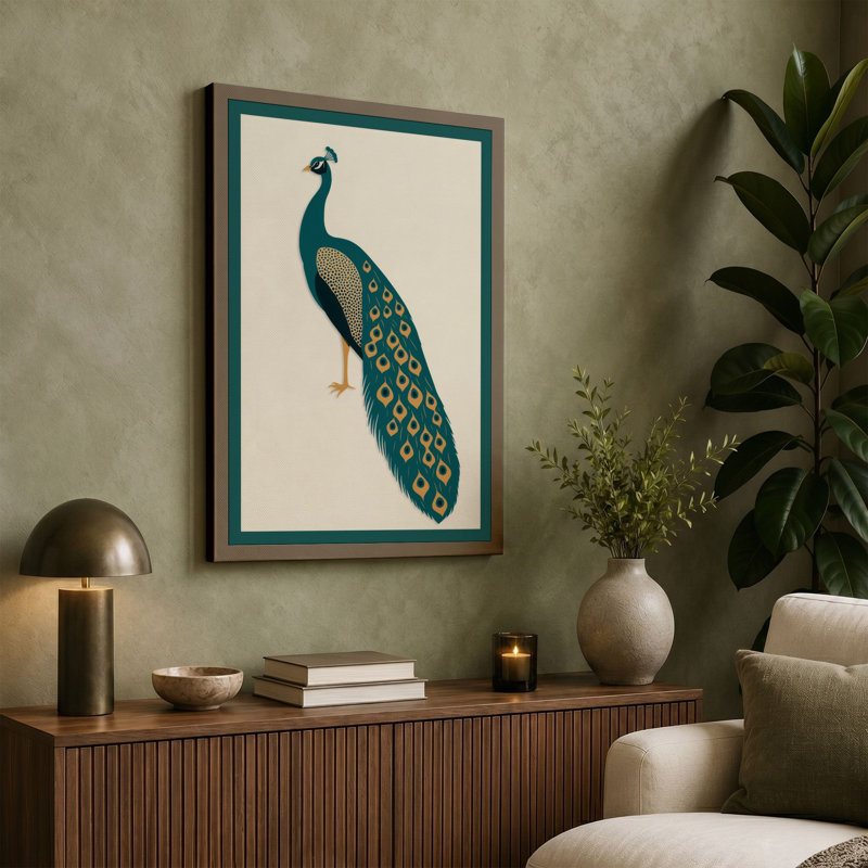 Elegant Peacock Profile Botanical - Wrapped Canvas, 30x20 - 76.2 x 50.8 cm, Terracotta Border
