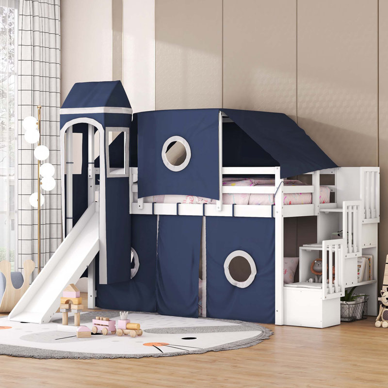 Lit mezzanine avec tente et tour, Bleu, Lit simple