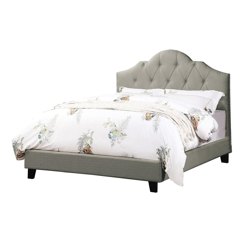 Lit double avec tête de lit tapissier, tissu gris, lit moderne confortable pour la chambre à coucher, tête de lit arquée et structure en bois