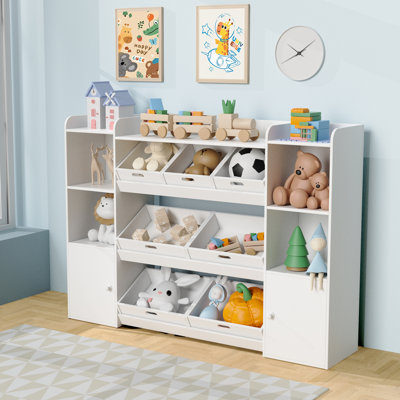 Organisateur de rangement pour jouets pour enfants avec 7 bacs à jouets amovibles, organisateurs de jouets à 4 niveaux avec 6 casiers de rangement, bibliothèque et rangement pour jouets pour salle de jeux, chambre à coucher, chambre d'enfant, salle de