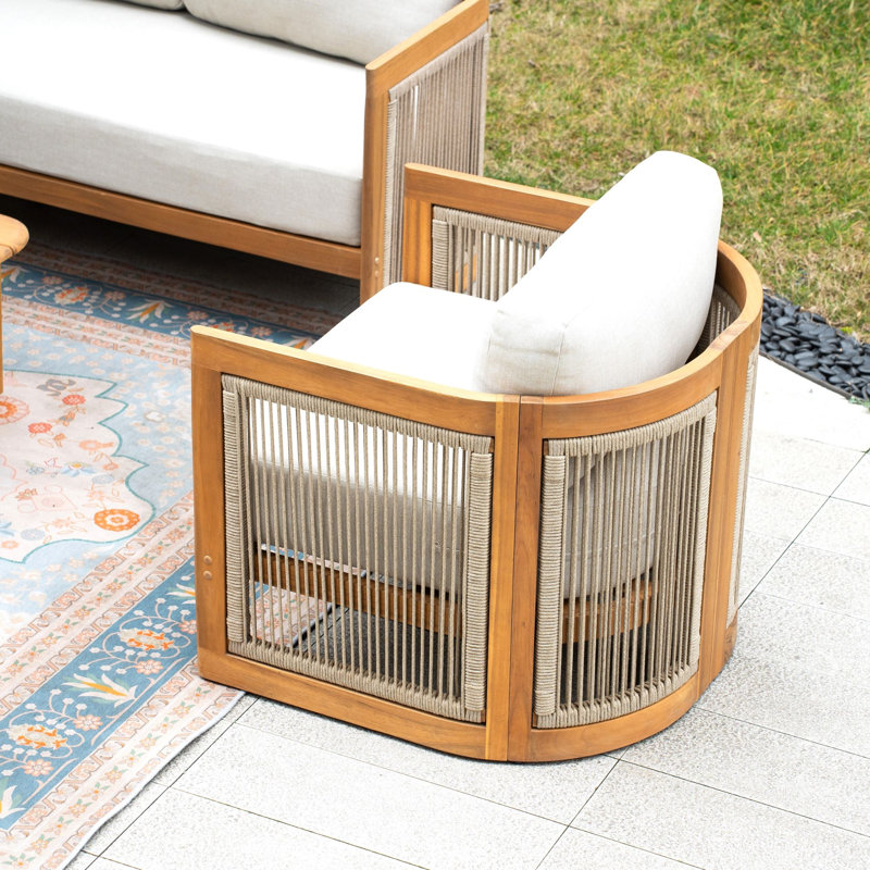 4-Piece Outdoor Solid Wood & Rope Sofa Set with Coffee Table for 5