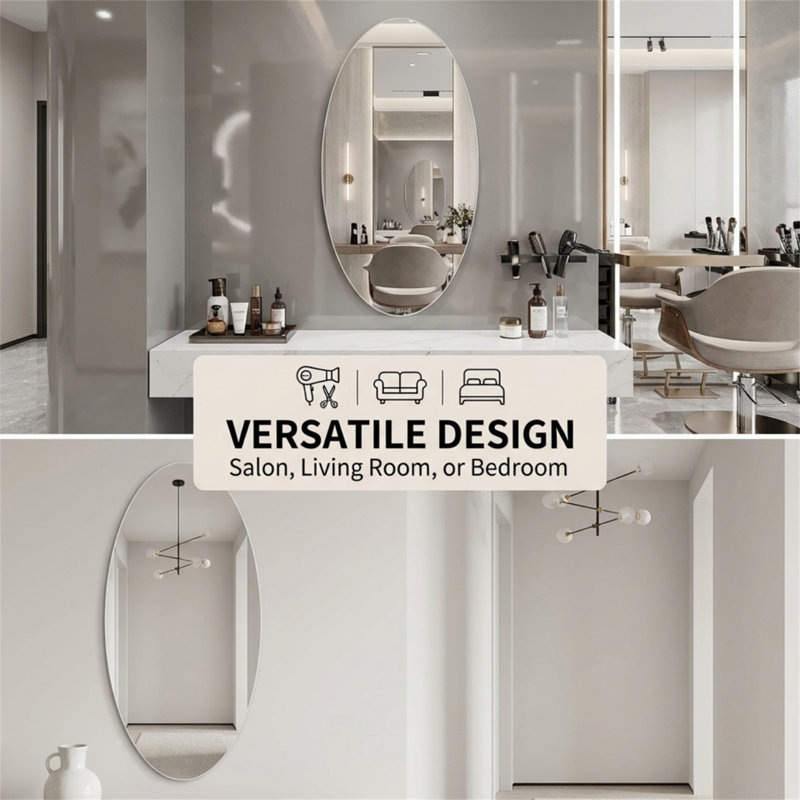 63" x 21" Modern Oval Full Length Wall Mirror, HD Copper-Free Silver Glass, Shatterproof Backing, Moisture-Resistant, 3 Installation Methods