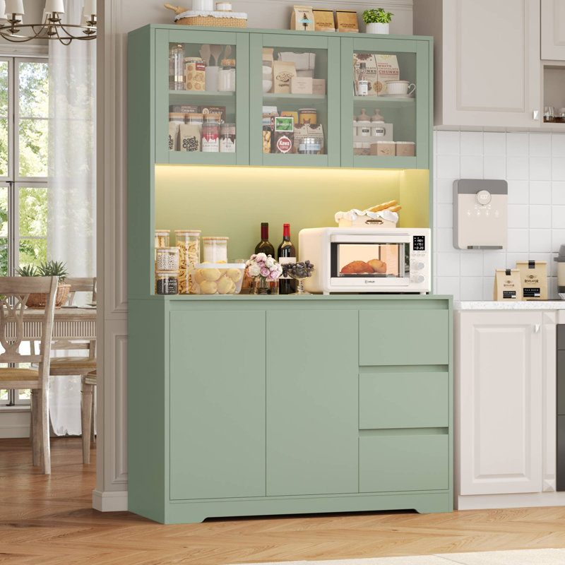 Garde-manger 70,9 po avec lumières DEL et station de charge, tablette à micro-ondes Satavia, Vert