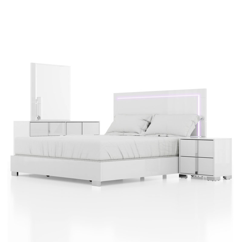 Ensemble de chambre Duckworth, Grand, Blanc, Cinq pièces : Lit, 2 tables de chevet, commode, m