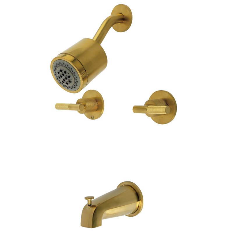 Kingston Brass Convergent Double-Handle Tub and Shower Faucet with Knurled Handle, Brushed Brass