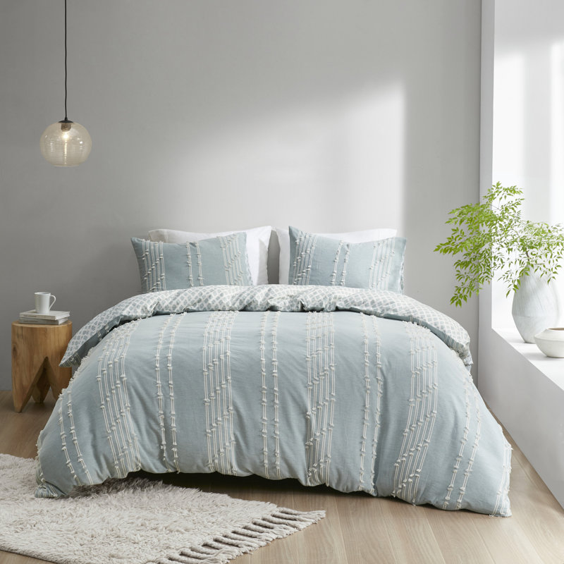 3 Piece Cotton Jacquard Bedding Set, Gray, King/Cal. King Duvet Cover + 2 King Shams