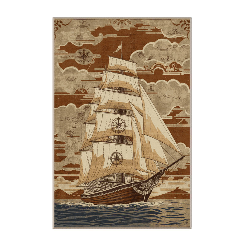 Machine Washable Maurice Classic Sailing Boat Vintage Vintage Look Rug in Beige – Beige Binding, 8x12