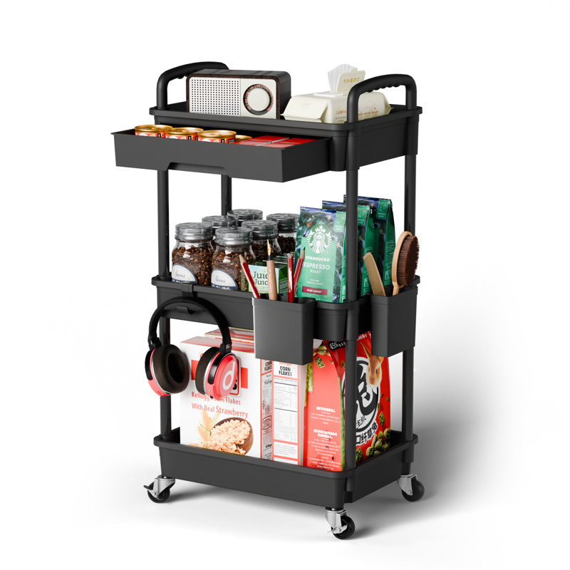 Black 3-Tier Rolling Utility Cart with Drawer and Handle