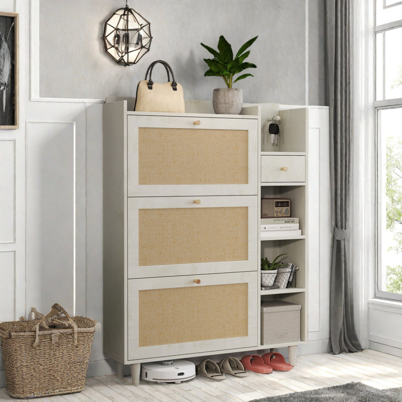 Bohemia Style Shoe Cabinet With 3 Rattan Flip Drawers, 3 Square Shelves And 1 Storage Drawer And Key Hooks, Antique White