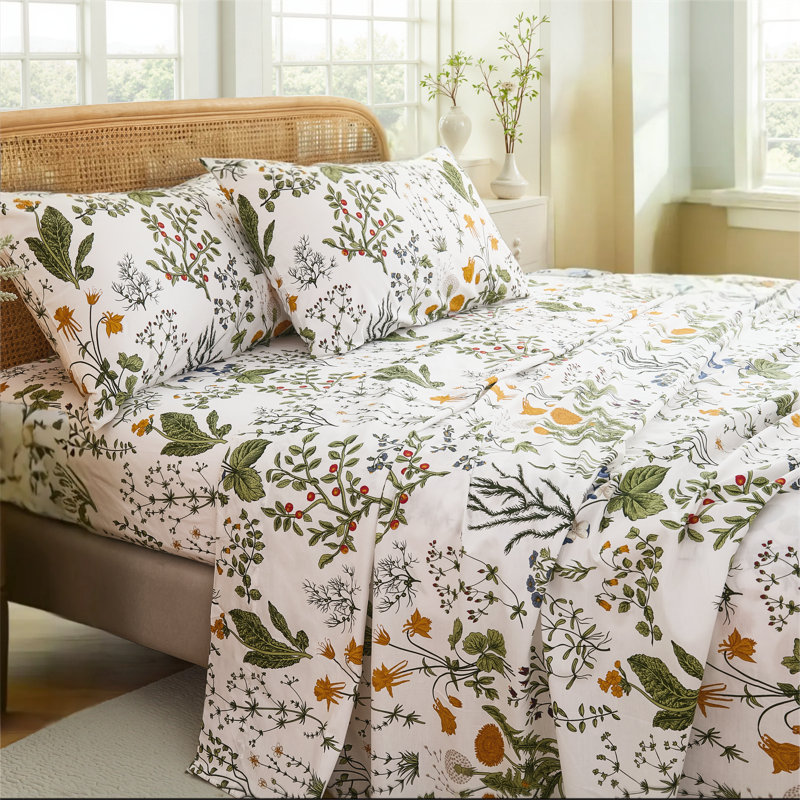 100% Cotton Sheet Set Queen Size – 4-Piece Vintage Green Floral Bedding Set, Soft Breathable Percale Weave, Deep Pocket Fitted Sheet 17.5", Crisp Cool Feel, Refined Botanical Elegance