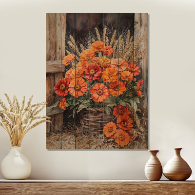 Barnyard Harvest Bouquet of Marigold II - décoration murale en bois de souci - sur bois de pin naturel