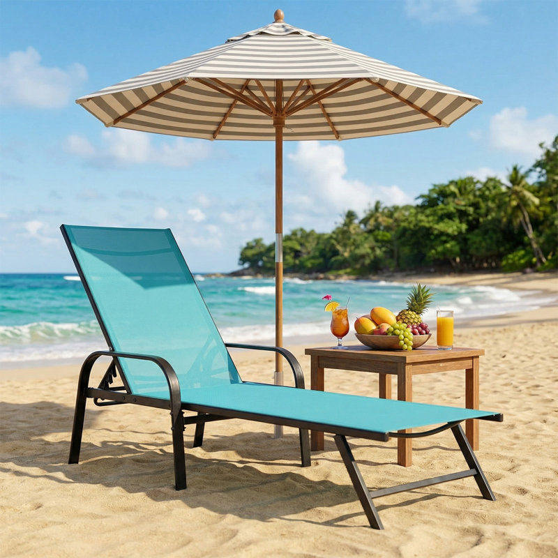 Outdoor Folding Chaise Lounge Chair Portable Recliner W/ 5 Positions & Pillow For Lawn, Beach, Cyan