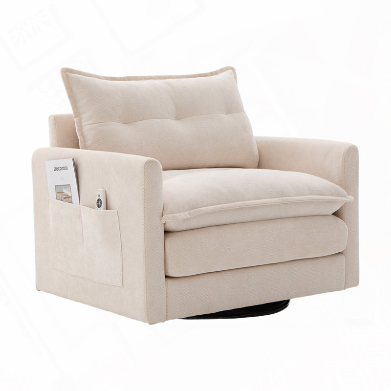 36.3" Chenille Rotatable Upholstered Sofa Chair With Side Pockets, Beige