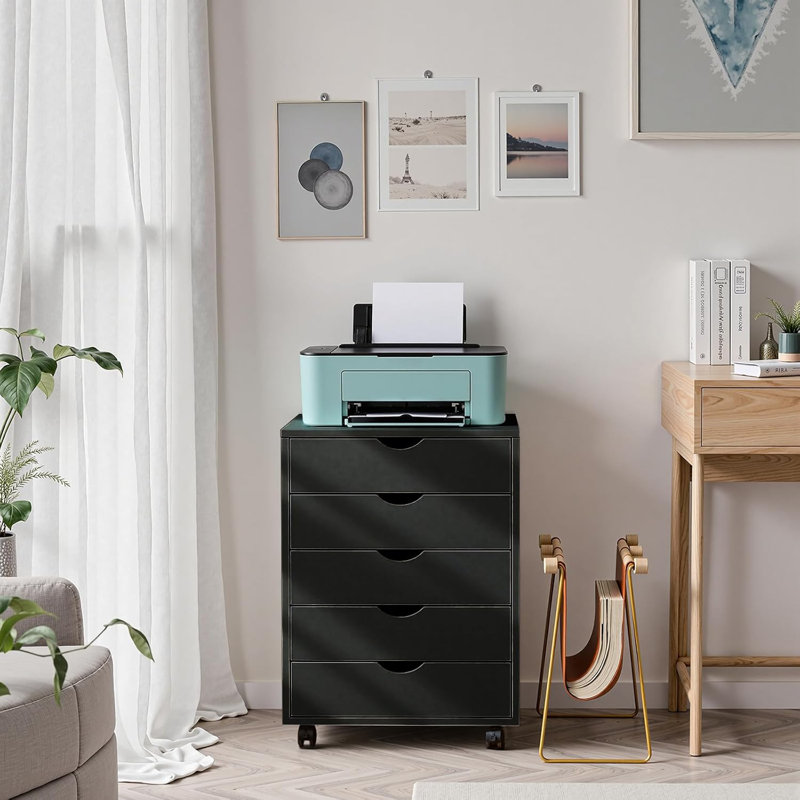 5 Drawer Mobile File Cabinet Under Desk Storage Organization With Wheels Vertical Filing Chest Rolling Wood Small Desk Printer Stand For Home Office, 15.75"D X 18.74"W