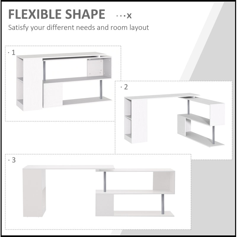 Bureau d'ordinateur en coin avec tablettes de rangement à 3 niveaux, parfait pour le bureau à domicile efficace et le multitâche.