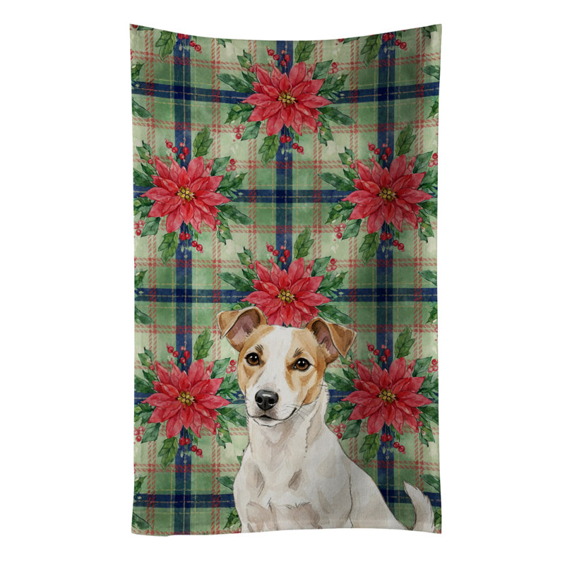 White and Tan Jack Russell Terrier Christmas PoinsettIas Kitchen Towel, White/Tan Jack Russell Terrier