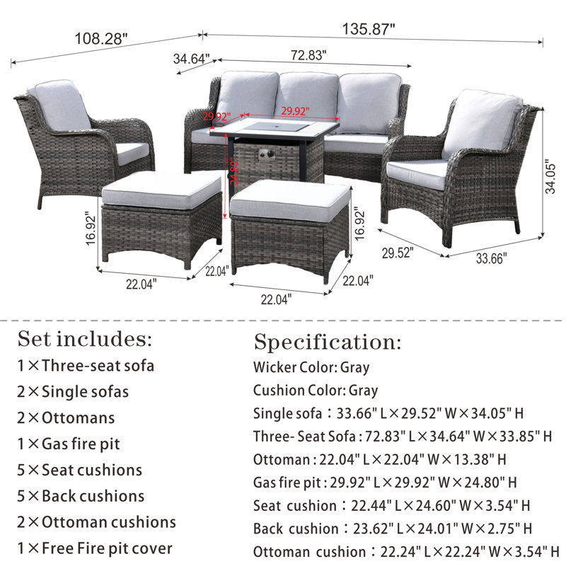 Klodjana Premium All-Weather Wicker 5 - Person Patio Conversation Set with Cushions, Gray, Gray