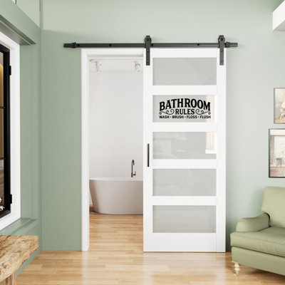 84"H 5-Lite Frosted Glass & MDF Sliding Barn Door with Installation Hardware Kit