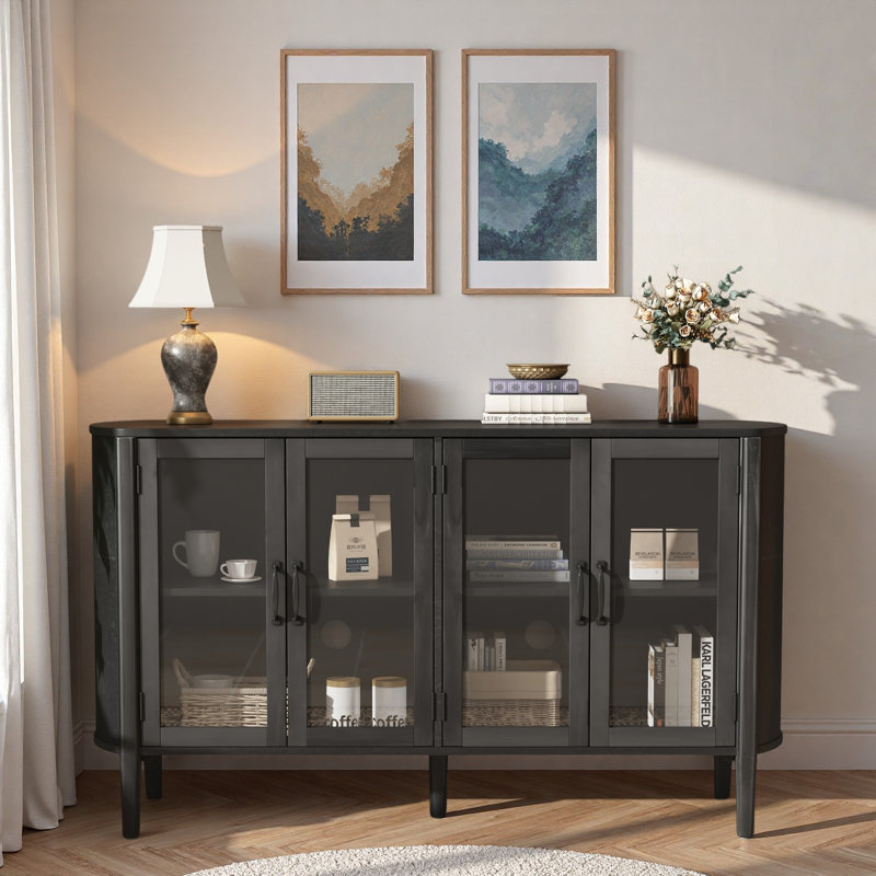 Buffet moderne avec portes en verre et tablettes réglables, Noir