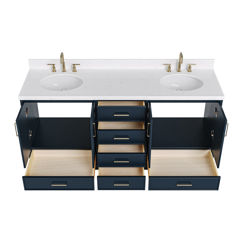 72.25'' Double Bathroom Vanity with Carrara Quartz Top, Satin Brass, Midnight Blue