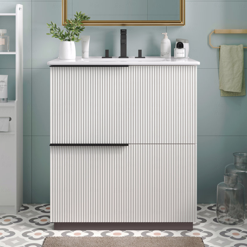 Meuble-lavabo 30 po avec lavabo en céramique et tiroirs pleine extension, glissières de tiroir à fermeture en douceur, Blanc