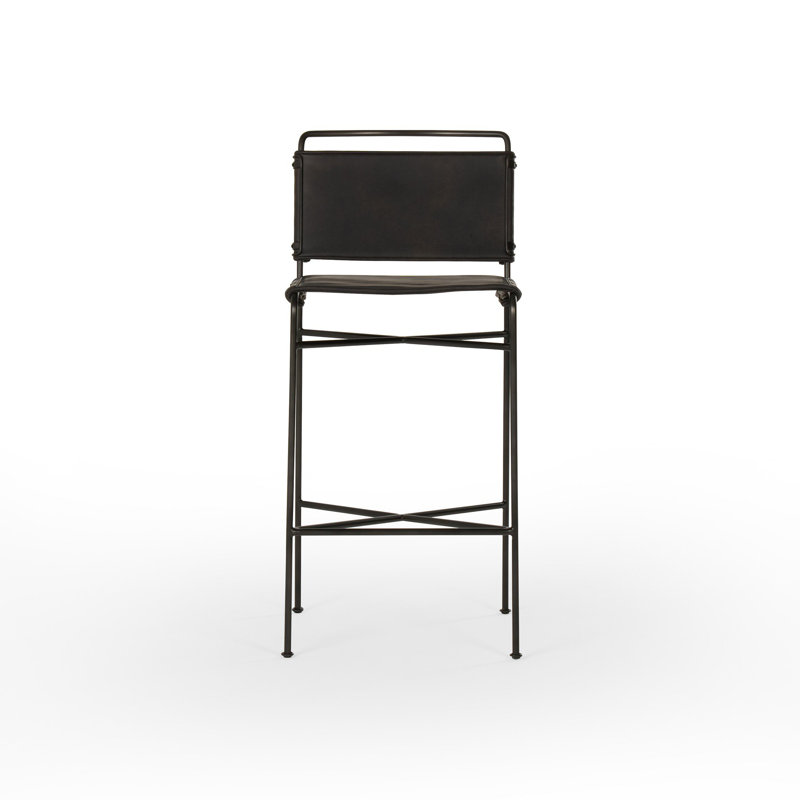 Wharton Bar Stool with Metal Frame, Black, Vegan Leather-Black, Counter Stool (26” Seat Height)
