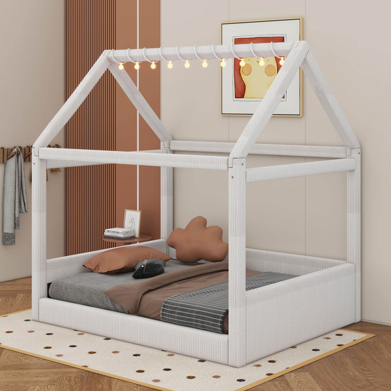 Lit plateforme tapissier pleine grandeur avec bandes lumineuses à DEL, structure de lit de jour en bois, Beige