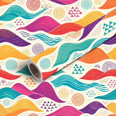 Papier contact adhésif pour papier peint auto-adhésif Motifs tribaux ondulés sans soudure Imprimé africain coloré pour textiles Auto-adhésif et amovible 17,7 po x 118 po (45 x 300 cm)
