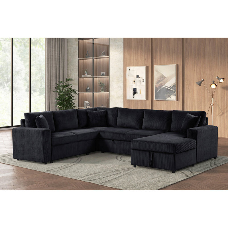 123"W Black Corduroy Sleeper Sectional Sofa With Right-Facing Storage Chaise And Throw Pillows, Black Corduroy