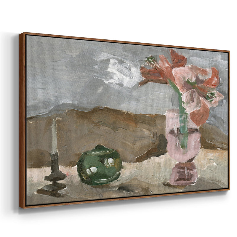 Vase de fleurs roses II - impression, H 17 po x l 25 po x P 2 po, Toile encadrée noyer flottant