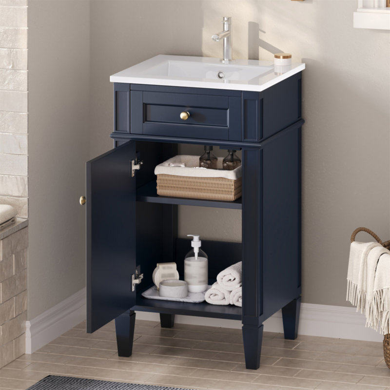 Ensemble de meuble-lavabo autoportant de 18 po avec lavabo en céramique, ensemble de meuble-lavabo simple autoportant avec porte à fermeture douce, tablette réglable, style français, pieds pleins