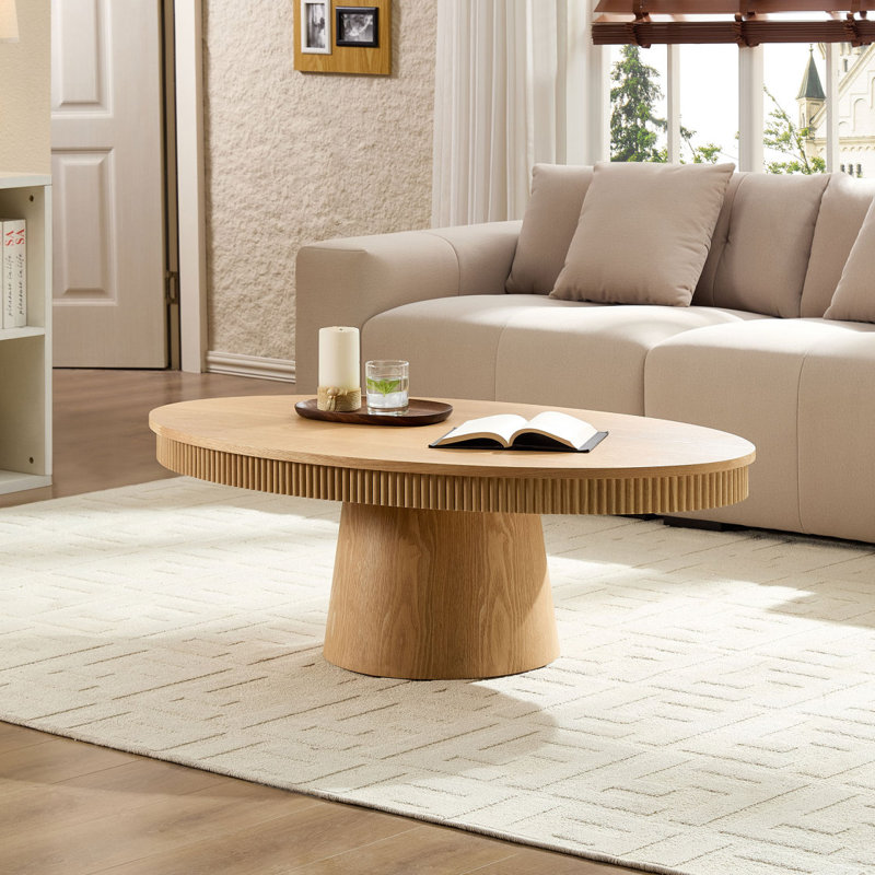 Table basse ovale de 47,24 pouces de style moderne moderne fabriquée à la main en forme de tambour pour le salon, table basse Ellipse avec piédestal robuste, couleur naturelle