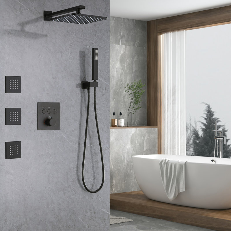 Thermostatic Shower Faucet Set 3-Function Wall Mounted Rain Shower System with Body Jets Recessed Wall Mounted Combo