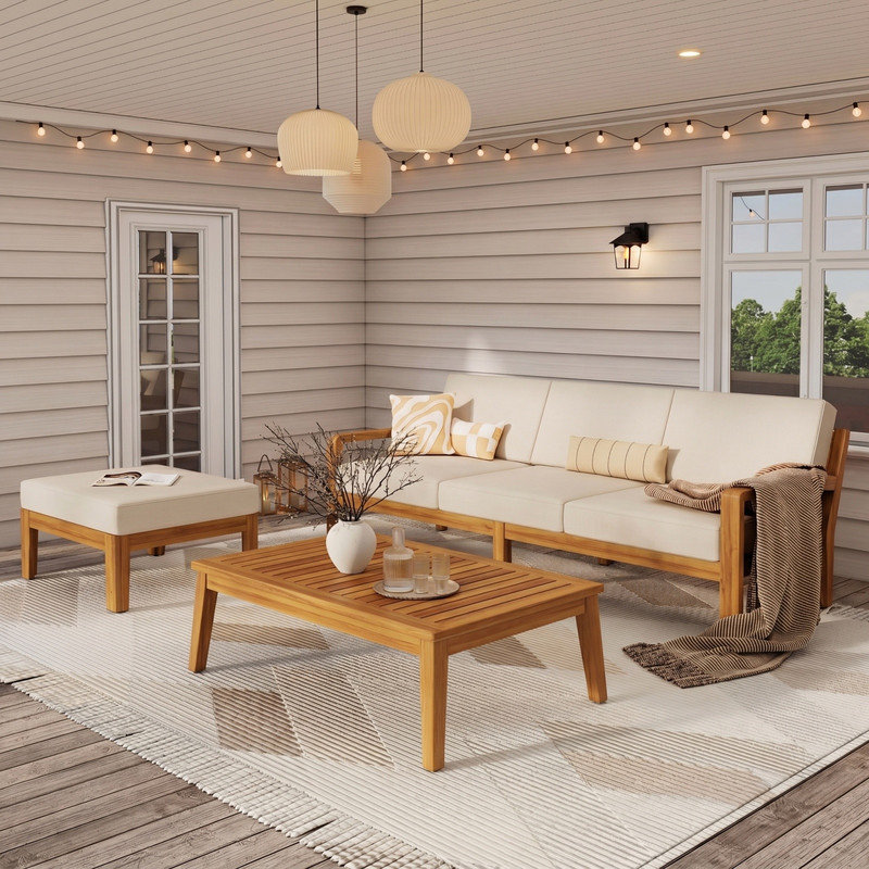 Ensemble de canapé modulaire d'extérieur en L 3 pièces en bois d'acacia avec coussins résistants aux intempéries, parfait pour la cour, le patio ou le jardin