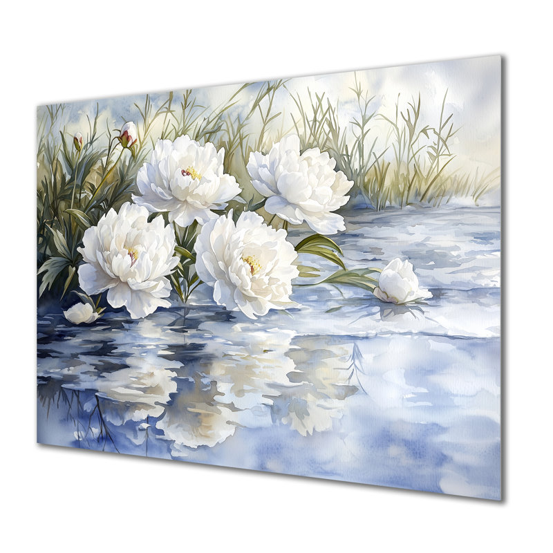 Pivoines blanches par l'étang gelé I - pivoines, impression sur métal, H 30 po x l 40 po