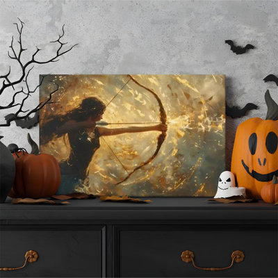 1 piece framed wall art canvas painting of a girl with a bow and arrow, golden halo, fantasy realism style. Decorative vintage-style poster for the wall, perfect for home decor, modern artwork for bedroom or living room.