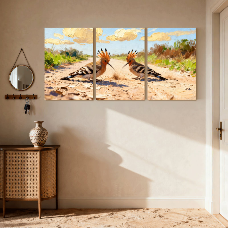 Birds Hoopoe Birds on Sandy Path Under Cloudy Sky, ensemble de 3 impressions sur toile, H 30 po x l 60 po