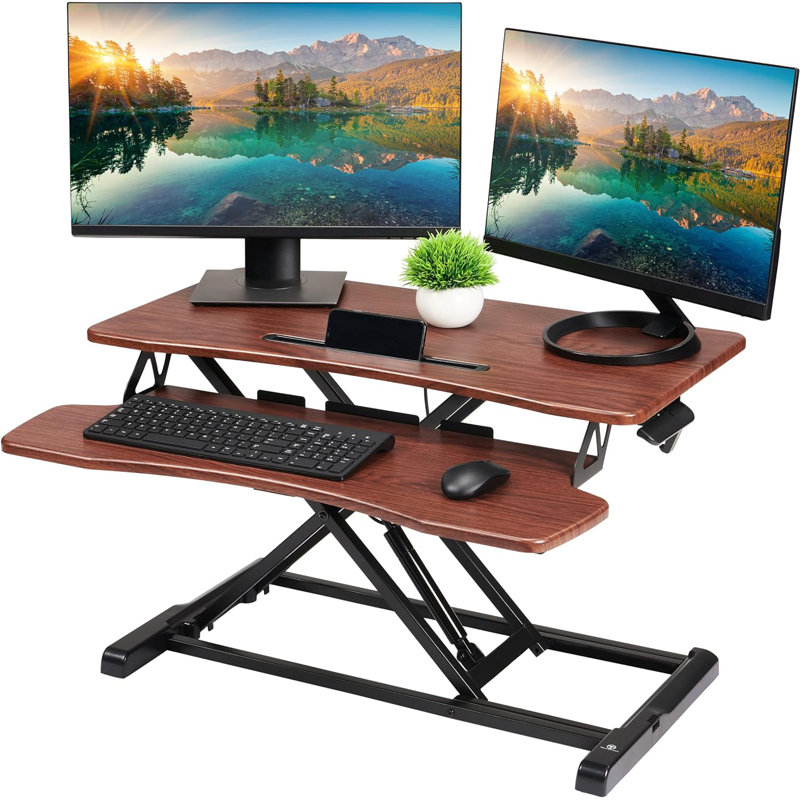 Adjustable Standing Desk Converter, 31.5" W x 16.1" D, Dark Wood/Black