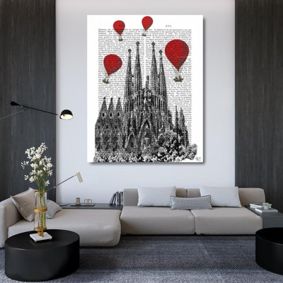 Red Barrel Studio® Fab Funky Gallery Wrapped Canvas Art Titled: Sagrada Familia and Red Hot Air Balloons