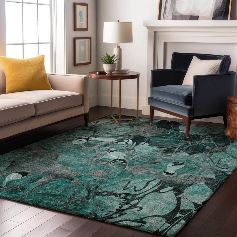 Premium Machine Washable Cerrito AMF558 Teal Rug, Rectangle 10' x 14'