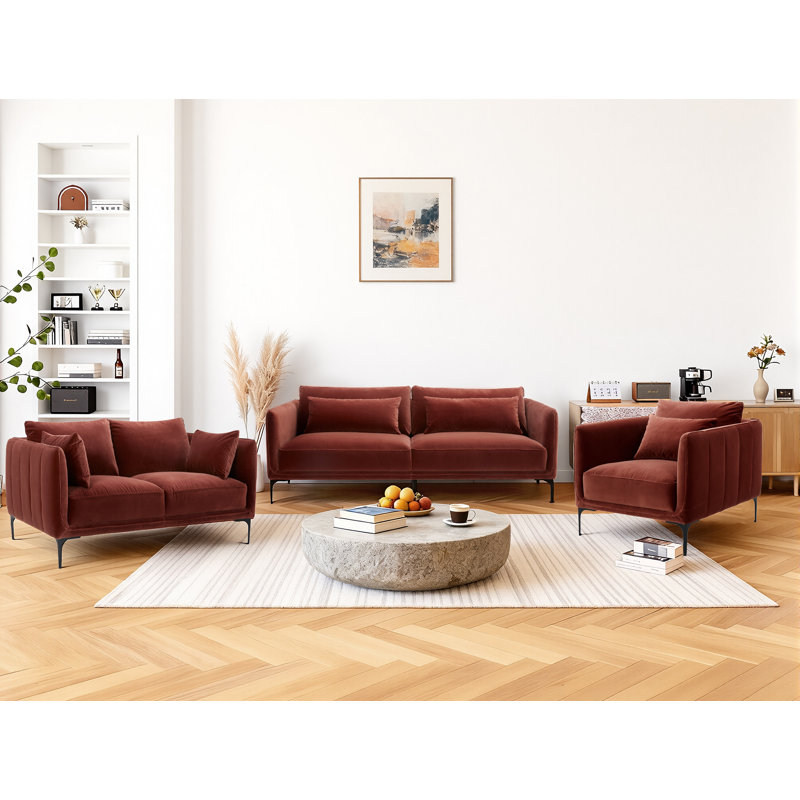Rae 3 Piece Upholstered Living Room Set, Falkirk Reddish Brown Velvet