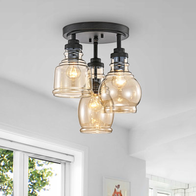 Niemi 3 - Light 13.8" Antique Black Semi Flush Mount with Cognac Glass Shade